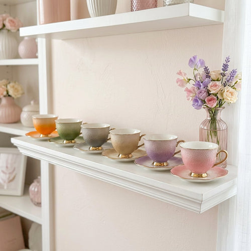 Elegant Honeycomb Ceramic Teacup Set with Gold Trim Set 12 Piece