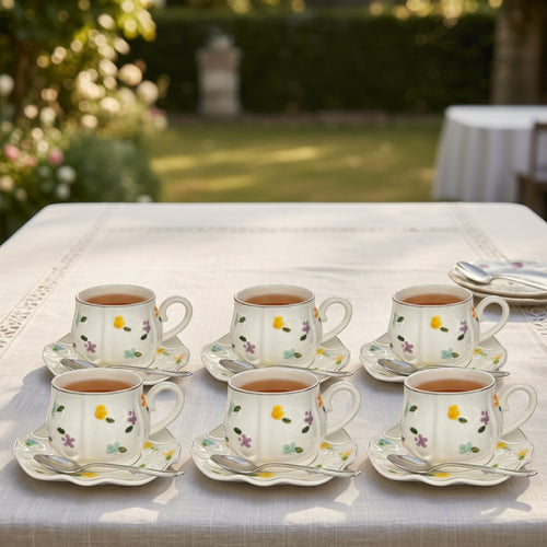 Elegant Petal Embossed Cup & Saucer Set with Gold Rim 12 Piece