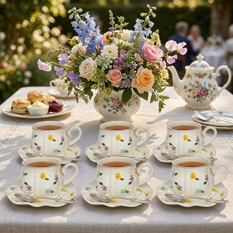 Elegant Petal Embossed Cup & Saucer Set with Gold Rim