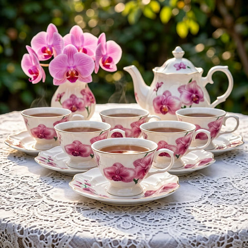 Imperial Pink Orchid Teacup & Saucer Set with Gold Rim