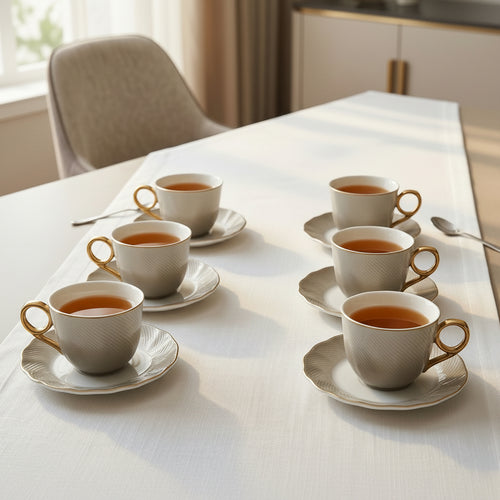 Modern Pearl Grey Swirl Teacup with Gold Handle 12 Piece