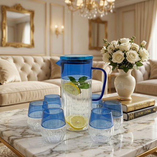 Dual-Tone Blue Clear Glassware Serving Set with Lid 7 Piece
