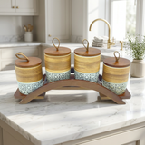 Modern Spice Jar Set with Wooden Stand & Loop Lids Set of 4