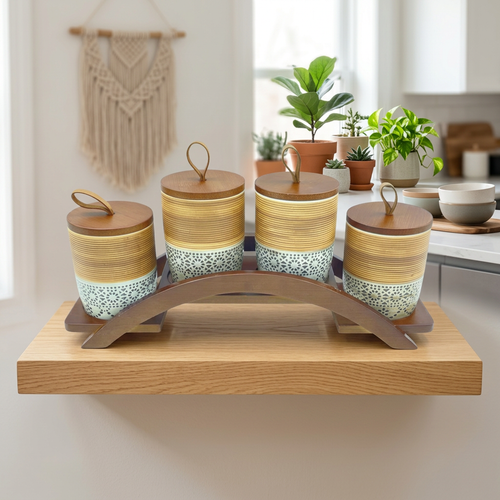 Modern Spice Jar Set with Wooden Stand & Loop Lids Set of 4