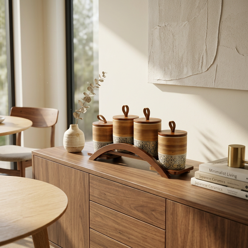 Modern Spice Jar Set with Wooden Stand & Loop Lids Set of 4