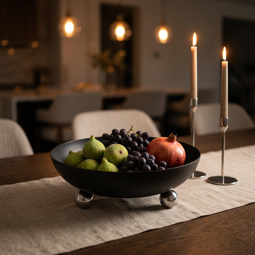 Matte Black Metal Fruit Bowl with Polished Chrome
