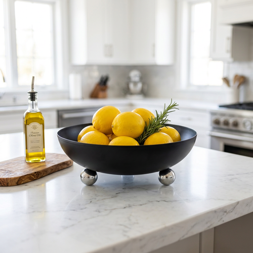 Matte Black Metal Fruit Bowl with Polished Chrome