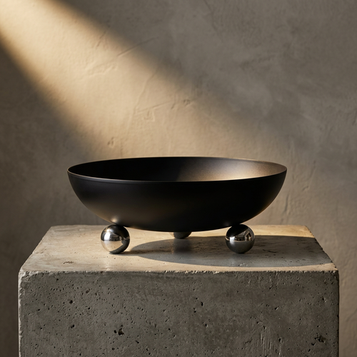 Matte Black Metal Fruit Bowl with Polished Chrome