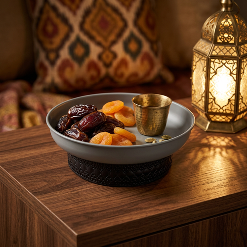Elevated Slate Grey Serving Bowl with Patterned Black Base