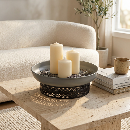 Elevated Slate Grey Serving Bowl with Patterned Black Base