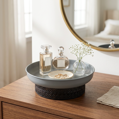 Elevated Slate Grey Serving Bowl with Patterned Black Base
