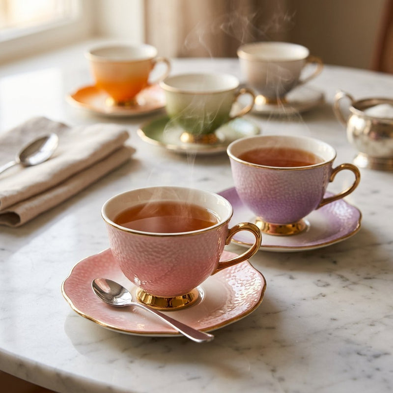 Elegant Honeycomb Ceramic Teacup Set with Gold Trim Set of 6