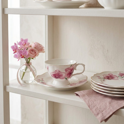 Imperial Pink Orchid Teacup & Saucer Set with Gold Rim