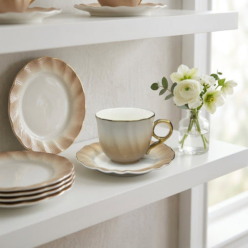 Modern Amber Gradient Teacup with Gold Handle Set of 6