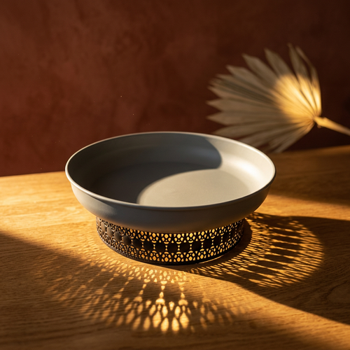 Elevated Slate Grey Serving Bowl with Patterned Black Base
