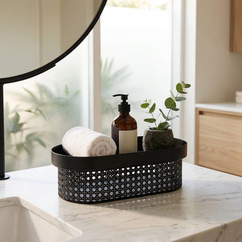 Modern Black Oval Tray on Cane Mesh Base