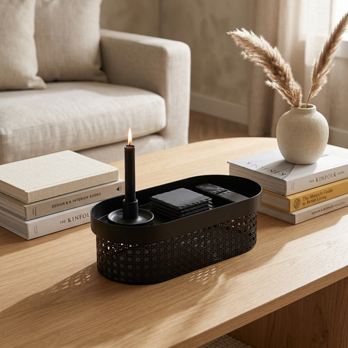 Modern Black Oval Tray on Cane Mesh Base