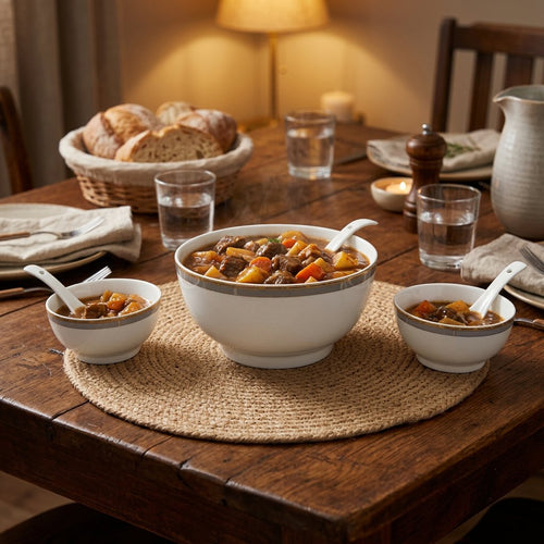 Luxury Gold & Charcoal Rimmed Ceramic Soup Bowl Set 14 Piece
