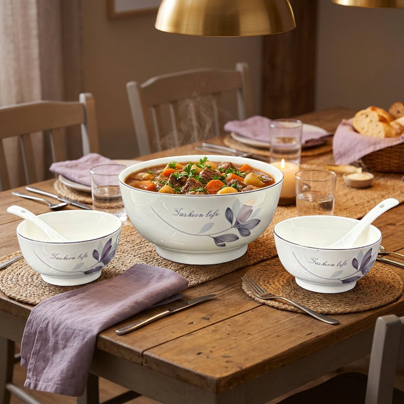 Elegant Lavender Magnolia Soup & Serving Bowl Set 14 Piece