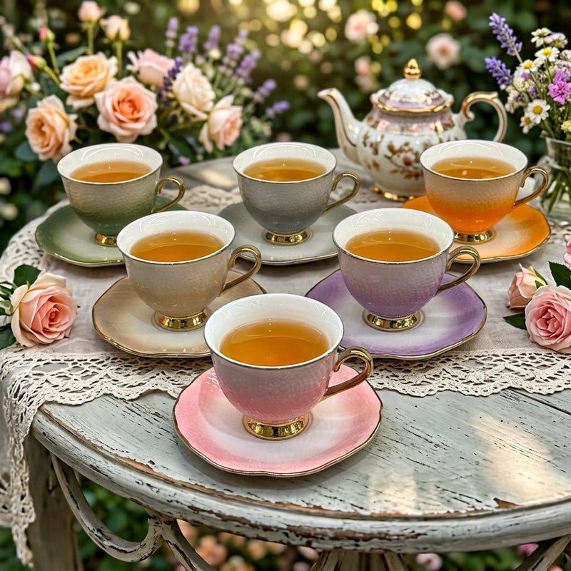 Elegant Honeycomb Ceramic Teacup Set with Gold Trim Set of 6