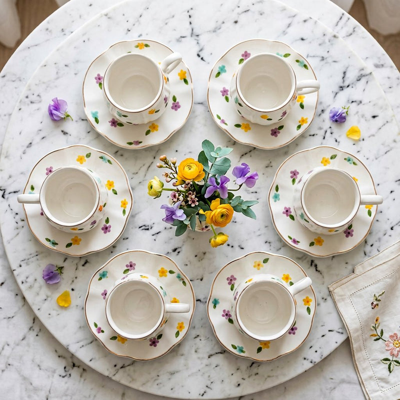 Elegant Petal Embossed Cup & Saucer Set with Gold Rim