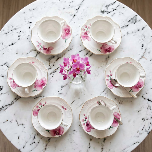 Imperial Pink Orchid Teacup & Saucer Set with Gold Rim