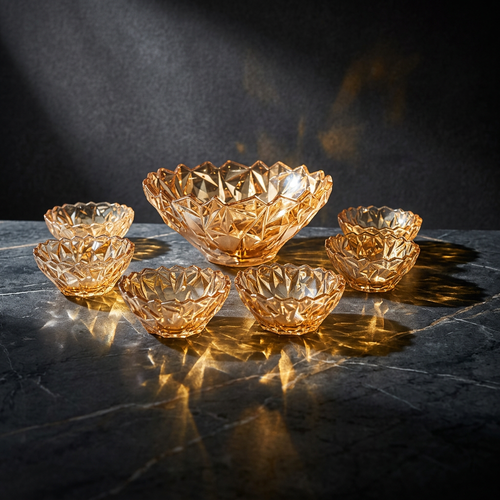 Elegant Amber Crystal Glass Dessert Bowl Set of 7