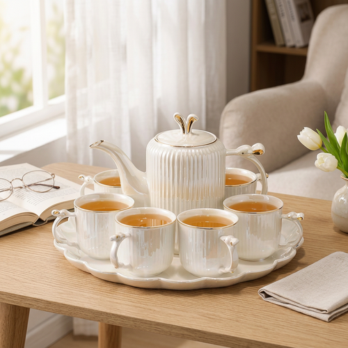 Pearlized Ceramic Tea Set with Gold Trim & Tray 8 Piece