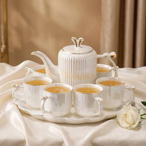 Pearlized Ceramic Tea Set with Gold Trim & Tray 8 Piece