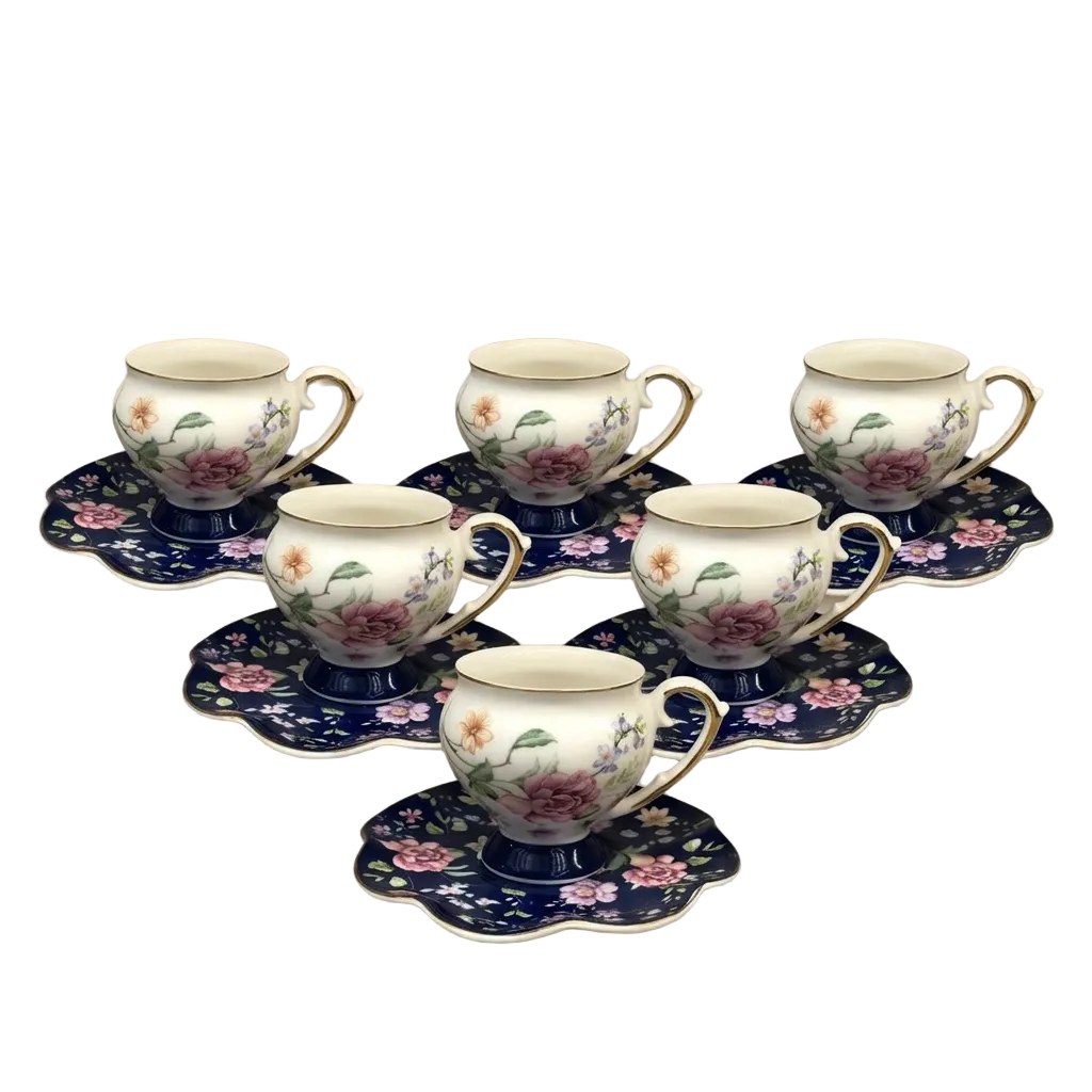 Luxury Floral Tea Set with Royal Gold Detailing Set of 6