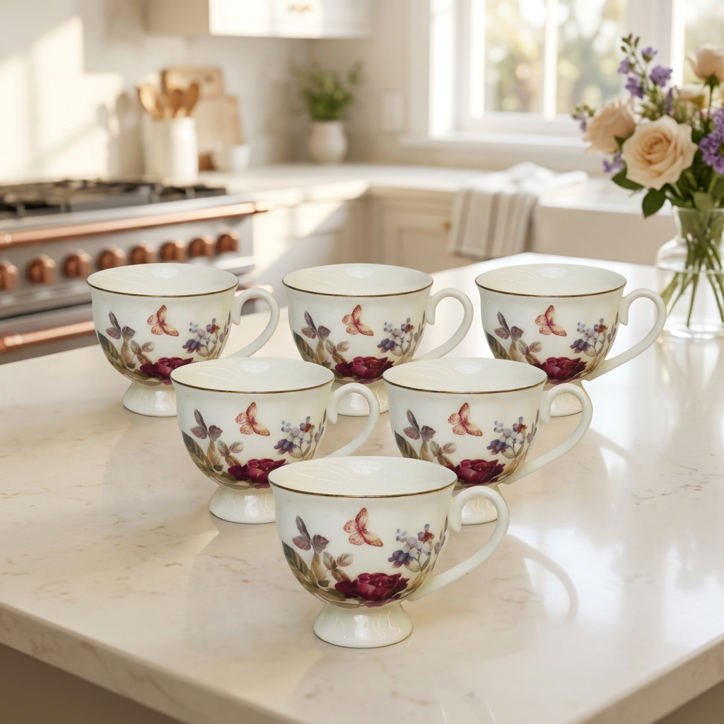 Vintage Floral Tea Set with Gold Lining Rim Set of 6