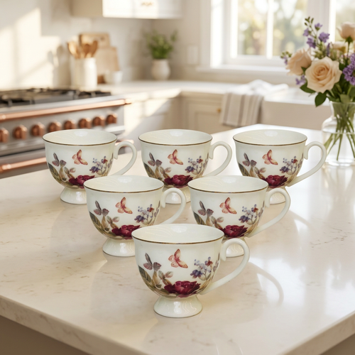 Vintage Floral Tea Set with Gold Lining Rim Set of 6