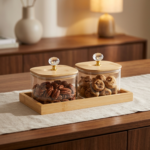 Premium 2 Piece Square Glass Jar Set with Wooden Tray
