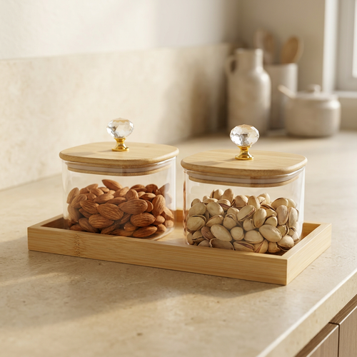 Premium 2 Piece Square Glass Jar Set with Wooden Tray
