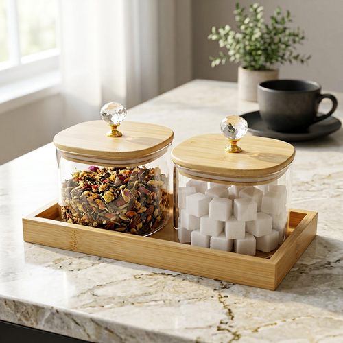 Premium 2 Piece Square Glass Jar Set with Wooden Tray