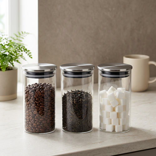Cylinder Glass Storage Jar Set with Sleek Metal Caps