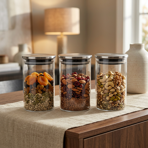 Cylinder Glass Storage Jar Set with Sleek Metal Caps