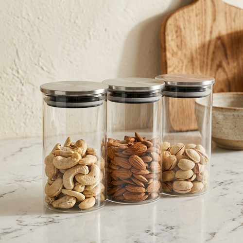 Cylinder Glass Storage Jar Set with Sleek Metal Caps