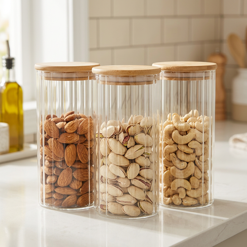 Elegant Striped Canister Set with Eco-Friendly Wood Lids