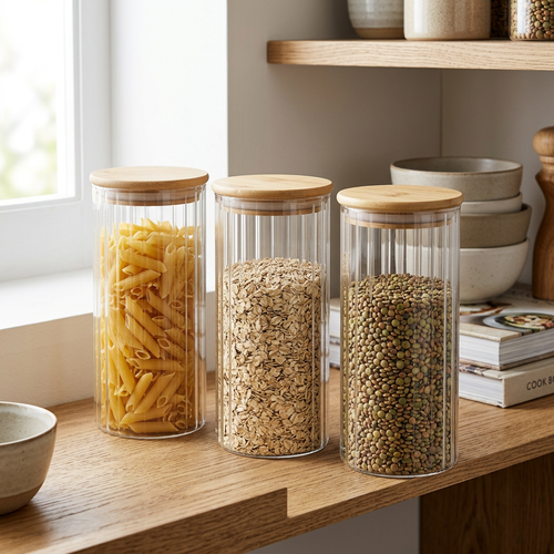 Elegant Striped Canister Set with Eco-Friendly Wood Lids