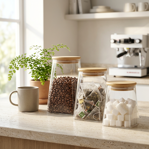 Pyramid Glass Storage Jar Set with Airtight Bamboo Lids