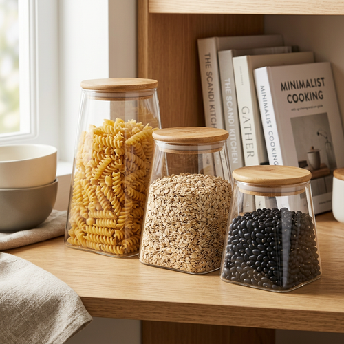 Pyramid Glass Storage Jar Set with Airtight Bamboo Lids