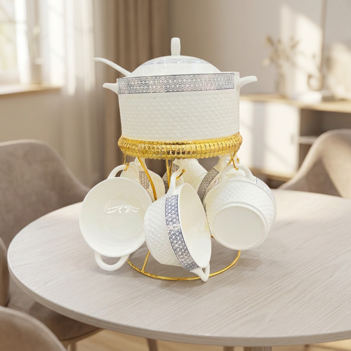 Modern Ceramic Soup Serving Set with Gold Stand
