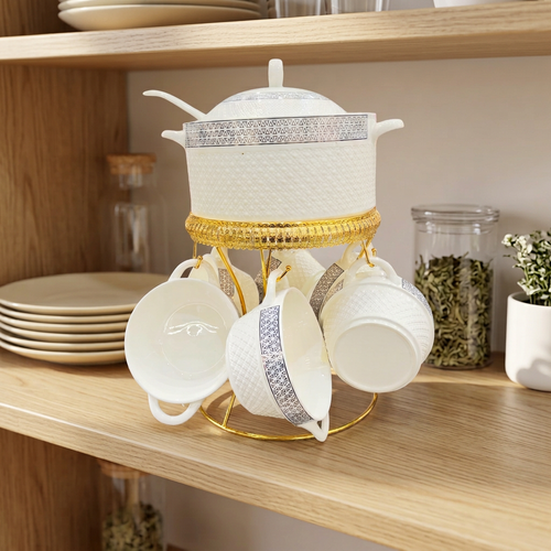 Modern Ceramic Soup Serving Set with Gold Stand