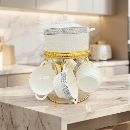 Modern Ceramic Soup Serving Set with Gold Stand