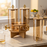 Amber Glass Beverage Dispenser Set on Wooden Stand