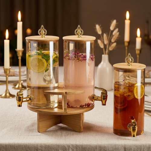 Amber Glass Beverage Dispenser Set on Wooden Stand
