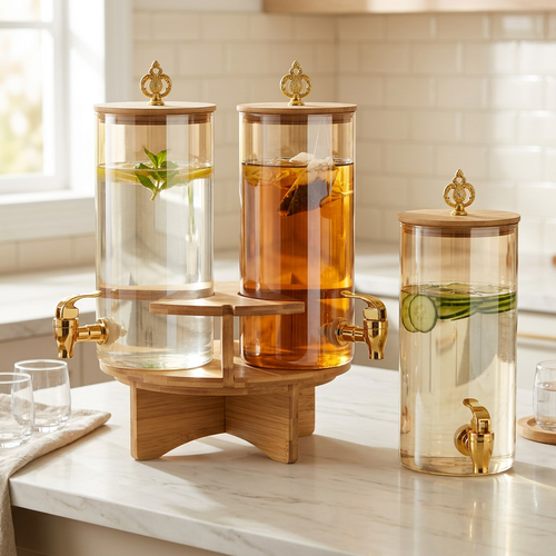 Amber Glass Beverage Dispenser Set on Wooden Stand