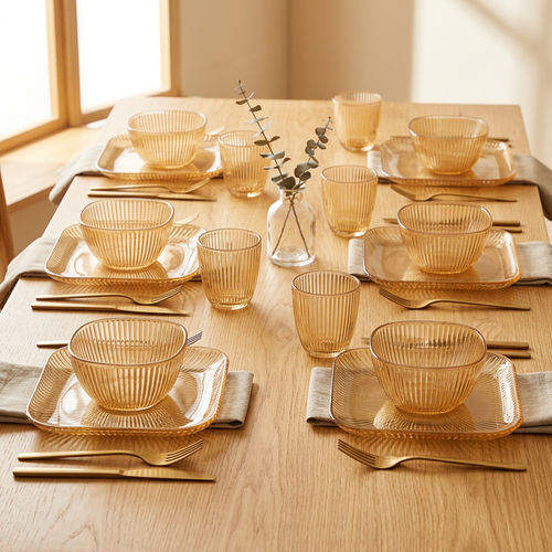 Amber Glass Bowl & Square Plate Service Set of 6