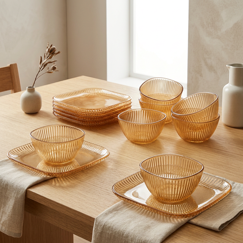 Amber Glass Bowl & Square Plate Service Set of 6